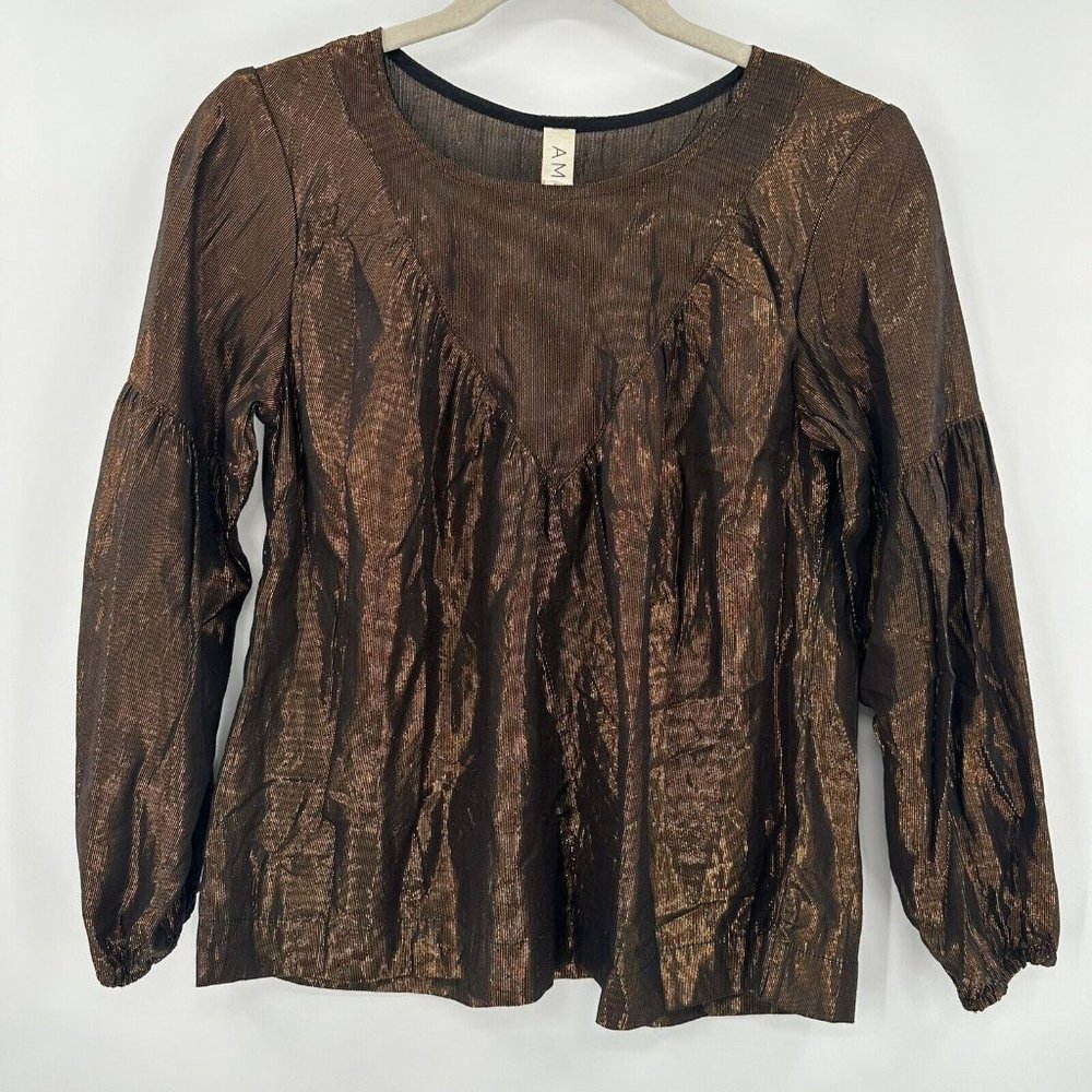 AMADI Metallic Bronze‎ Shiny Poet Puff Sleeve Peasant Blouse Size XS Petite